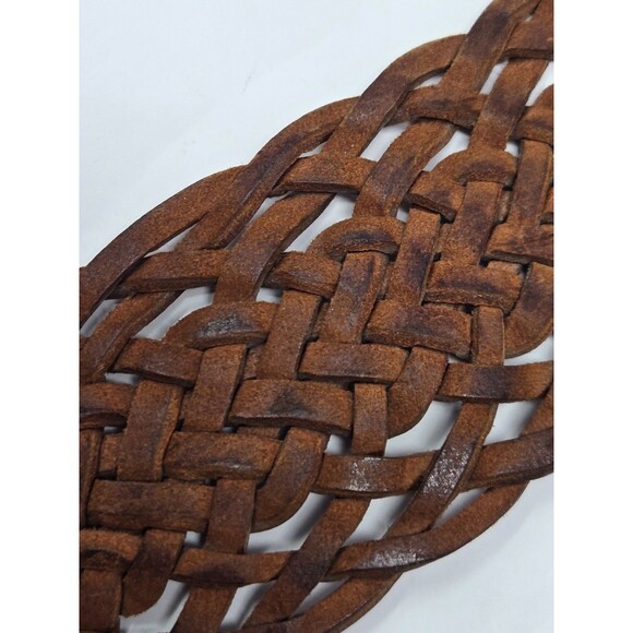 Vtg Wide Leather Belt Braided Brown Boho Hammered Medallion Brass Buckle Western main image 6